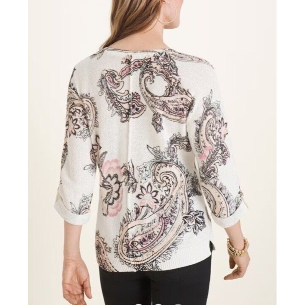 Chico's Sweater Size 2 Large White Paisley Print Bohemian 3/4 Sleeve Rolled Knit - Picture 2 of 8